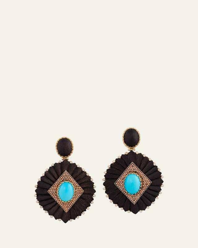 18K Yellow Gold Brauna Wood Earrings with Turquoise, Orange Sapphire and Diamonds
